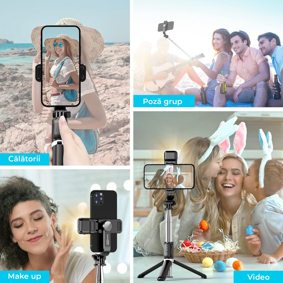 Selfie stick telescopic cu trepied, LED, telecomandă, 106 cm, negru