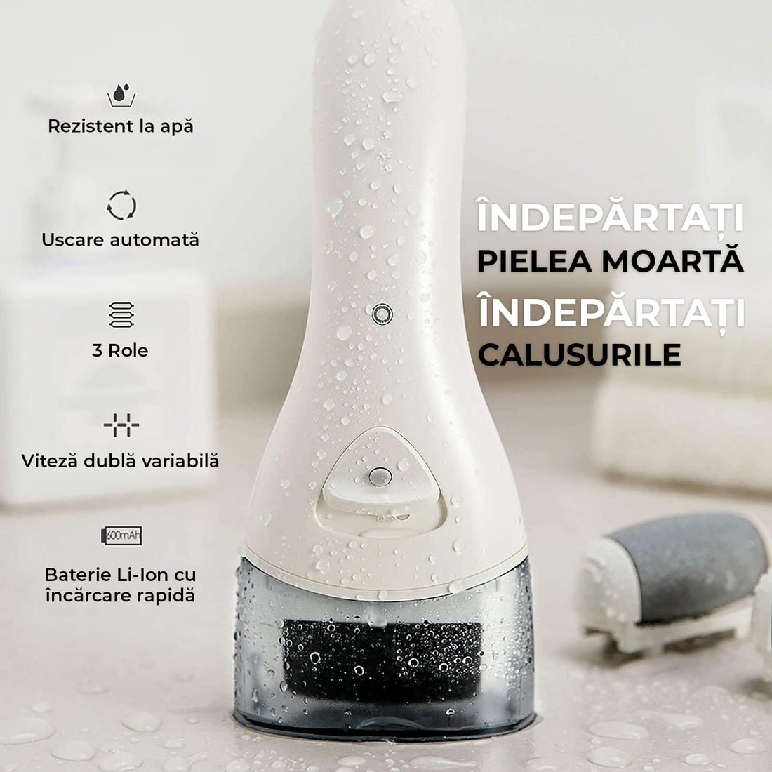 Pilă electrică talpi și călcâie, LED, 3 role, USB, impermeabilă, alb