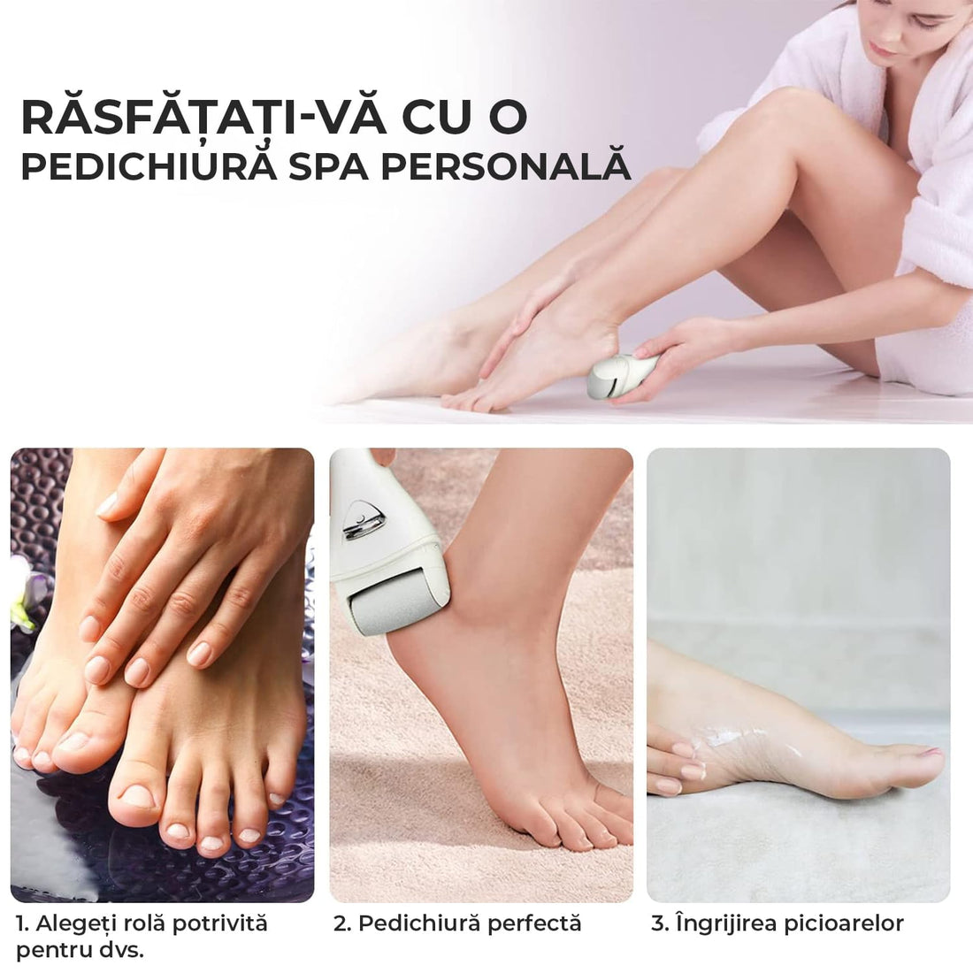 Pilă electrică talpi și călcâie, LED, 3 role, USB, impermeabilă, alb