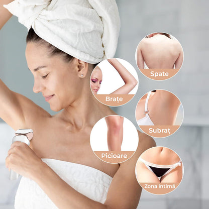 Epilator umed/uscat, 3 lame detașabile, USB, stație de încărcare, alb/auriu