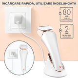 Epilator umed/uscat, 3 lame detașabile, USB, stație de încărcare, alb/auriu