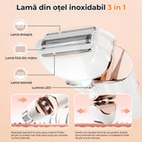 Epilator umed/uscat, 3 lame detașabile, USB, stație de încărcare, alb/auriu