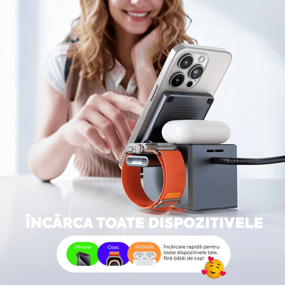Incarcator Wireless 3 in 1 Magsafe, Portabil, Pliabil fara fir, Fast Charge 22.5 W, Suport telefon, Compatibil iPhone, Airpods, Smartwatch Apple, Negru