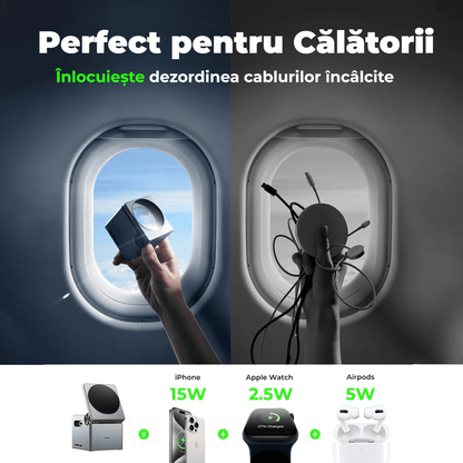 Incarcator Wireless 3 in 1 Magsafe, Portabil, Pliabil fara fir, Fast Charge 22.5 W, Suport telefon, Compatibil iPhone, Airpods, Smartwatch Apple, Negru