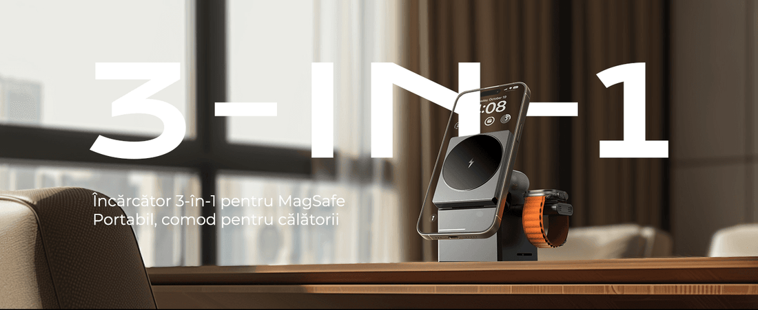 Incarcator Wireless 3 in 1 Magsafe, Portabil, Pliabil fara fir, Fast Charge 22.5 W, Suport telefon, Compatibil iPhone, Airpods, Smartwatch Apple, Negru