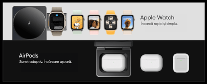 Incarcator Wireless 3 in 1 Magsafe, Portabil, Pliabil fara fir, Fast Charge 22.5 W, Suport telefon, Compatibil iPhone, Airpods, Smartwatch Apple, Negru