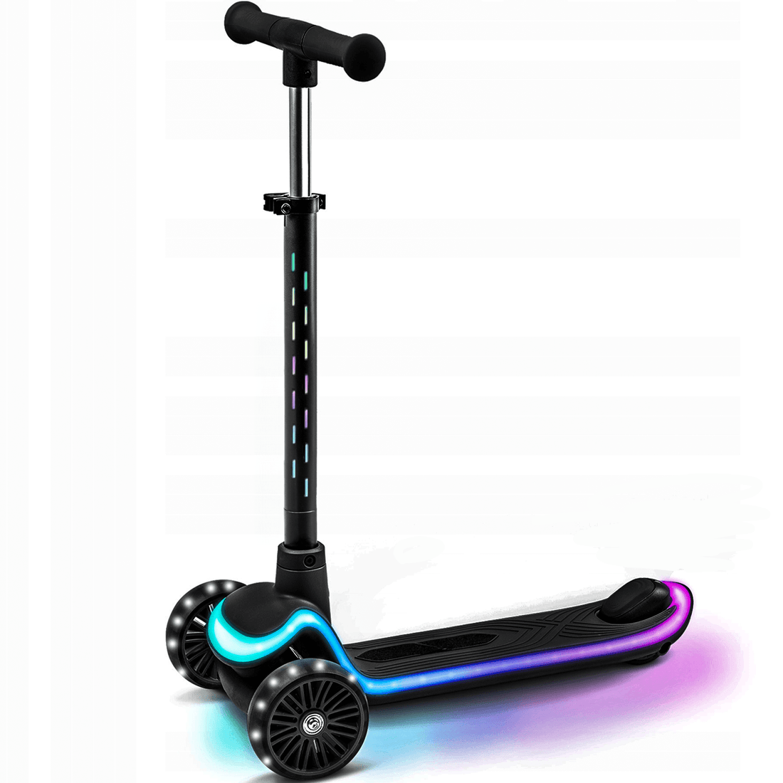 Trotineta pentru Copii Elindor® cu 3 Roti, cu Roti cu Lumini LED, pentru Fete si Baieti de 3 - 12 ani, Sistem Ghidon cu Inclinare, Ajustabil 63 - 79 cm, Greutate Maxima Suportata 50 kg, Suprafata Antiderapanta, Negru