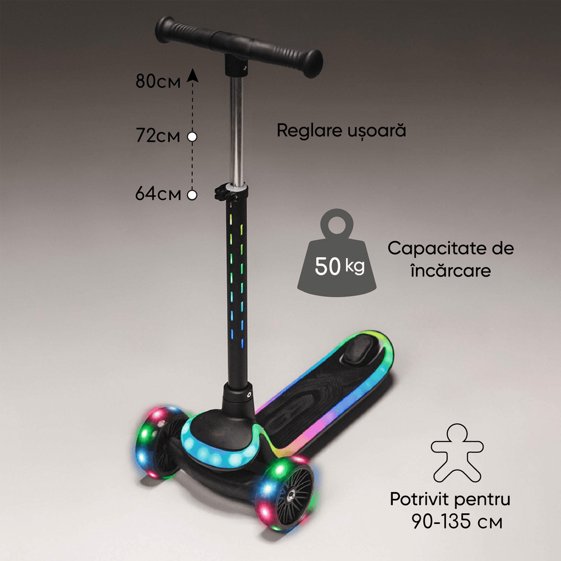 Trotineta pentru Copii Elindor® cu 3 Roti, cu Roti cu Lumini LED, pentru Fete si Baieti de 3 - 12 ani, Sistem Ghidon cu Inclinare, Ajustabil 63 - 79 cm, Greutate Maxima Suportata 50 kg, Suprafata Antiderapanta, Negru