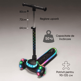Trotineta pentru Copii Elindor® cu 3 Roti, cu Roti cu Lumini LED, pentru Fete si Baieti de 3 - 12 ani, Sistem Ghidon cu Inclinare, Ajustabil 63 - 79 cm, Greutate Maxima Suportata 50 kg, Suprafata Antiderapanta, Negru