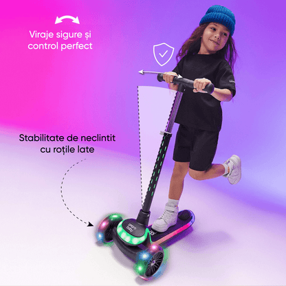 Trotineta pentru Copii Elindor® cu 3 Roti, cu Roti cu Lumini LED, pentru Fete si Baieti de 3 - 12 ani, Sistem Ghidon cu Inclinare, Ajustabil 63 - 79 cm, Greutate Maxima Suportata 50 kg, Suprafata Antiderapanta, Negru