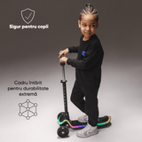 Trotineta pentru Copii Elindor® cu 3 Roti, cu Roti cu Lumini LED, pentru Fete si Baieti de 3 - 12 ani, Sistem Ghidon cu Inclinare, Ajustabil 63 - 79 cm, Greutate Maxima Suportata 50 kg, Suprafata Antiderapanta, Negru