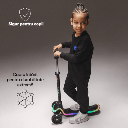 Trotineta pentru Copii Elindor® cu 3 Roti, cu Roti cu Lumini LED, pentru Fete si Baieti de 3 - 12 ani, Sistem Ghidon cu Inclinare, Ajustabil 63 - 79 cm, Greutate Maxima Suportata 50 kg, Suprafata Antiderapanta, Negru