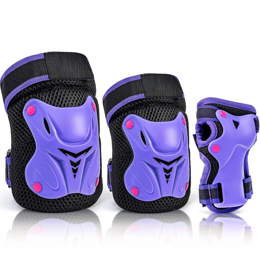 Set de Protecție Genunchiere, Cotiere, Aparatori Incheieturi, Reglabil, Pentru Copii, Potrivit Pentru Ciclism, Role, Trotineta, SkateBoard, Marimea S, Culoare Mov