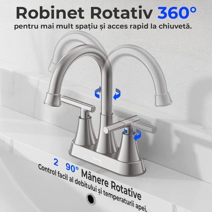Baterie Chiuveta Moderna pentru Lavoar cu 2 Manere din Nichel Periat, Robinet Central 360 Grade din Otel Inoxidabil fara Plumb, Montare pentru Chiuveta, Scurgere Tip Pop-Up, pentru Baie, Nichelat Argintiu Periat