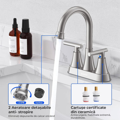 Baterie Chiuveta Moderna pentru Lavoar cu 2 Manere din Nichel Periat, Robinet Central 360 Grade din Otel Inoxidabil fara Plumb, Montare pentru Chiuveta, Scurgere Tip Pop-Up, pentru Baie, Nichelat Argintiu Periat