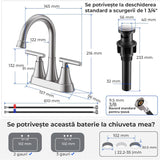 Baterie Chiuveta Moderna pentru Lavoar cu 2 Manere din Nichel Periat, Robinet Central 360 Grade din Otel Inoxidabil fara Plumb, Montare pentru Chiuveta, Scurgere Tip Pop-Up, pentru Baie, Nichelat Argintiu Periat