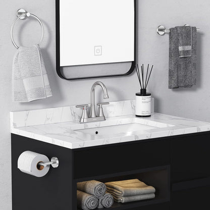 Baterie Chiuveta Moderna pentru Lavoar cu 2 Manere din Nichel Periat, Robinet Central 360 Grade din Otel Inoxidabil fara Plumb, Montare pentru Chiuveta, Scurgere Tip Pop-Up, pentru Baie, Nichelat Argintiu Periat