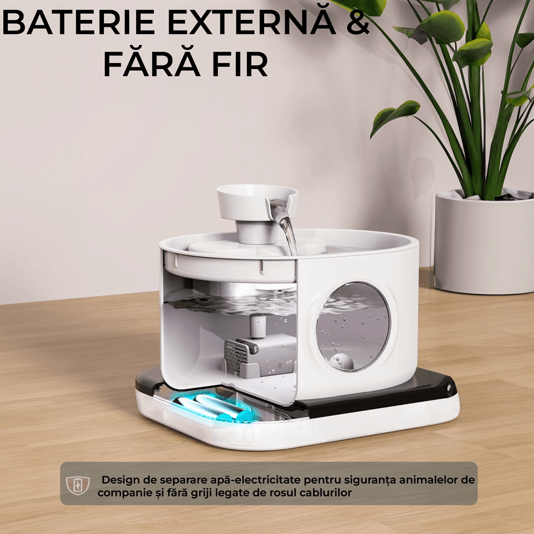 Dispenser Wireless Apa Tip Fantana Pentru Pisici Si Caini, Cu Purificare Si Filtrare Prin Carbune Activ, Silentios, 2.8 L, 2 Moduri De Flux, Alb