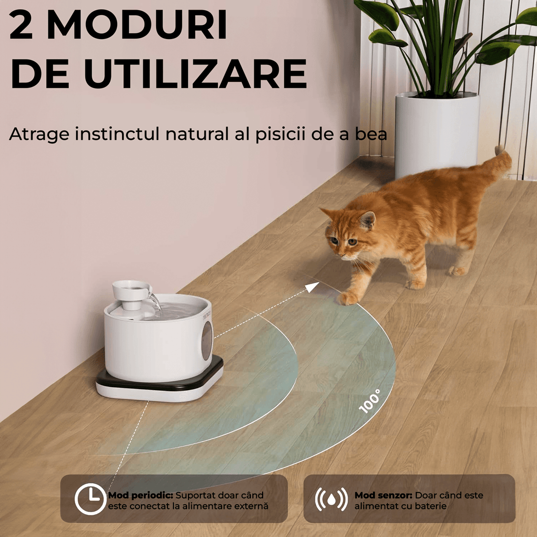Dispenser Wireless Apa Tip Fantana Pentru Pisici Si Caini, Cu Purificare Si Filtrare Prin Carbune Activ, Silentios, 2.8 L, 2 Moduri De Flux, Alb
