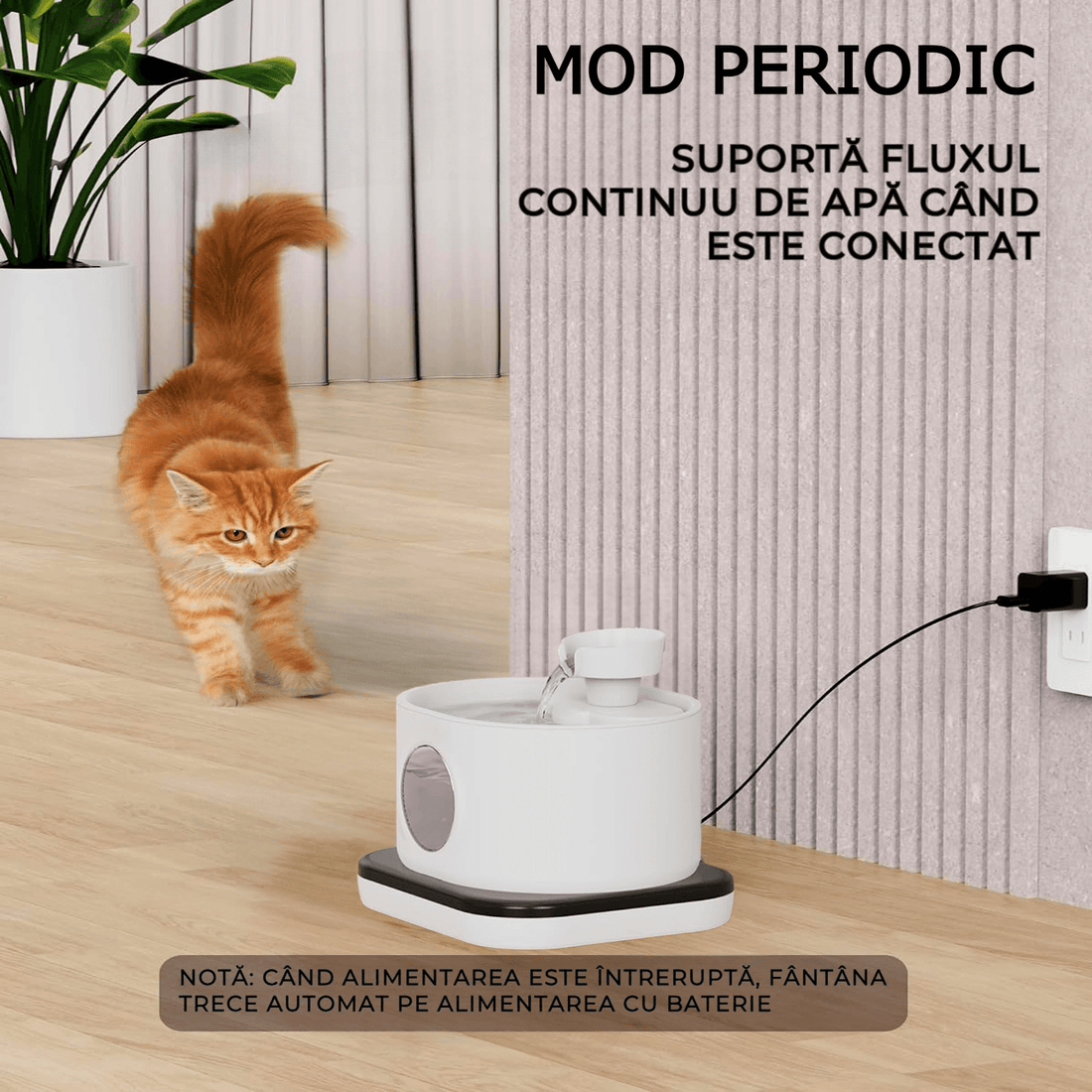 Dispenser Wireless Apa Tip Fantana Pentru Pisici Si Caini, Cu Purificare Si Filtrare Prin Carbune Activ, Silentios, 2.8 L, 2 Moduri De Flux, Alb