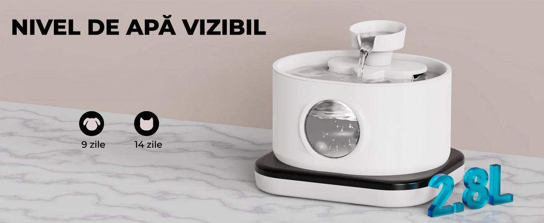 Dispenser Wireless Apa Tip Fantana Pentru Pisici Si Caini, Cu Purificare Si Filtrare Prin Carbune Activ, Silentios, 2.8 L, 2 Moduri De Flux, Alb