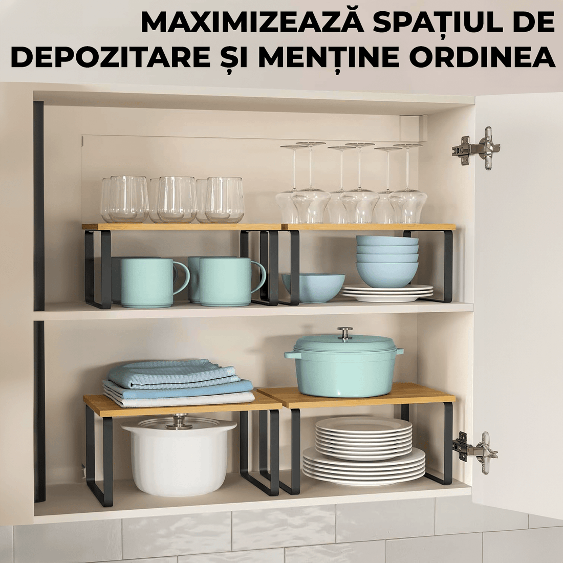 Set 2 rafturi extensibile, multifuncționale, bambus/otel, negru