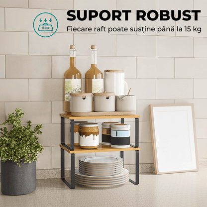 Set 2 rafturi extensibile, multifuncționale, bambus/otel, negru