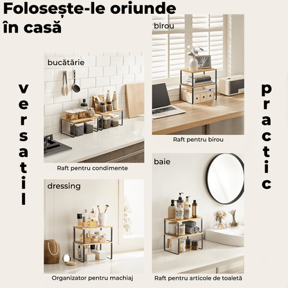 Set 2 rafturi extensibile, multifuncționale, bambus/otel, negru