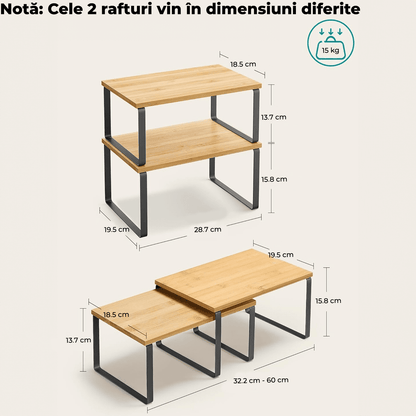 Set 2 rafturi extensibile, multifuncționale, bambus/otel, negru