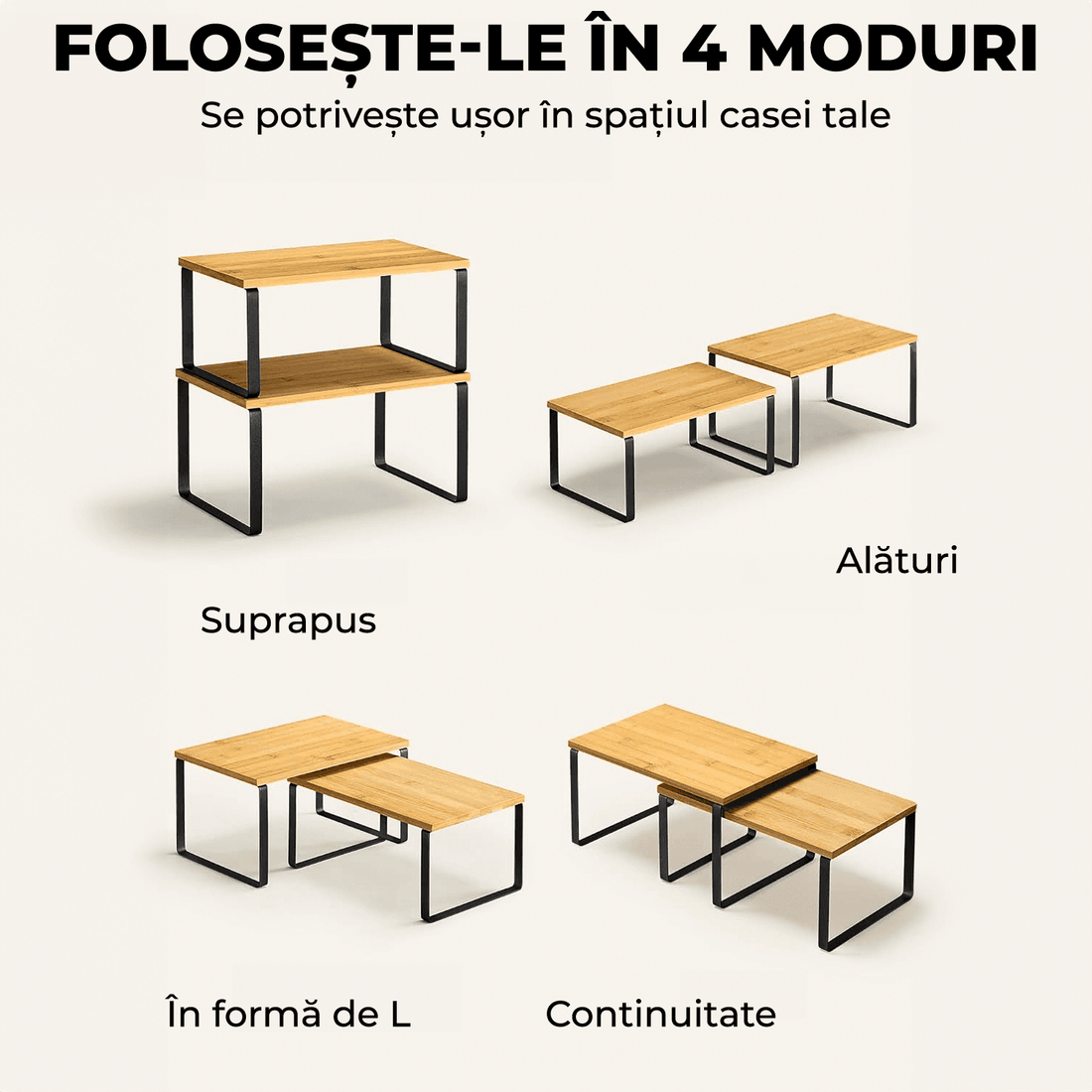 Set 2 rafturi extensibile, multifuncționale, bambus/otel, negru