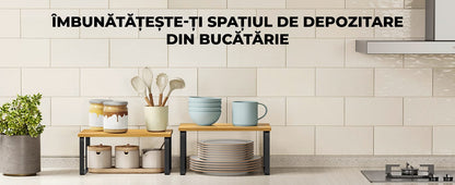 Set 2 rafturi extensibile, multifuncționale, bambus/otel, negru