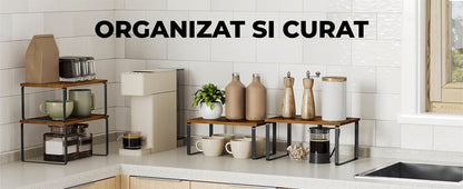 Set 2 rafturi extensibile, multifuncționale, bambus/otel, negru