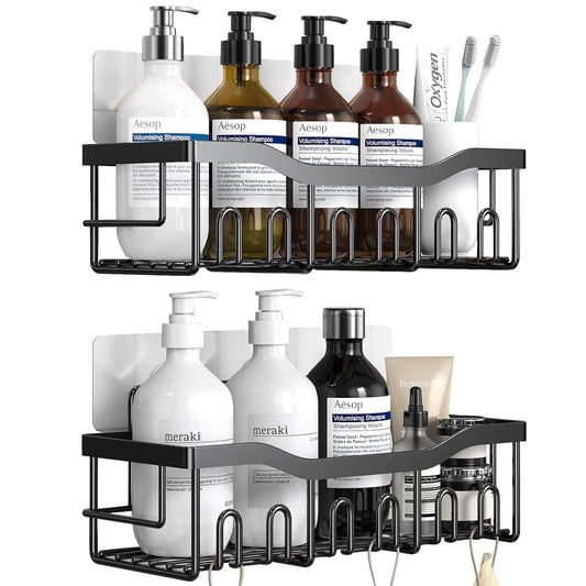 Raft de dus, etajera baie, pentru depozitare in bucatarie, organizator baie, prindere adeziv, set 2 rafturi de dus, Negru