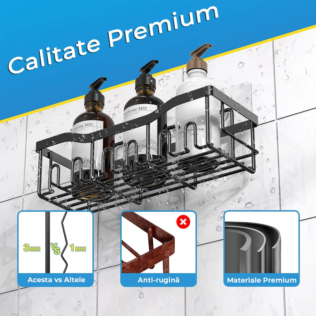 Raft de dus, etajera baie, pentru depozitare in bucatarie, organizator baie, prindere adeziv, set 2 rafturi de dus, Negru