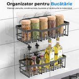 Raft de dus, etajera baie, pentru depozitare in bucatarie, organizator baie, prindere adeziv, set 2 rafturi de dus, Negru