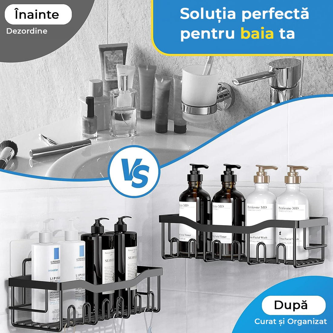 Raft de dus, etajera baie, pentru depozitare in bucatarie, organizator baie, prindere adeziv, set 2 rafturi de dus, Negru