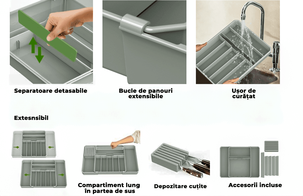 Organizator tacâmuri și ustensile, sertar extensibil, 33x41 cm, gri