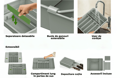 Organizator tacâmuri și ustensile, sertar extensibil, 33x41 cm, gri