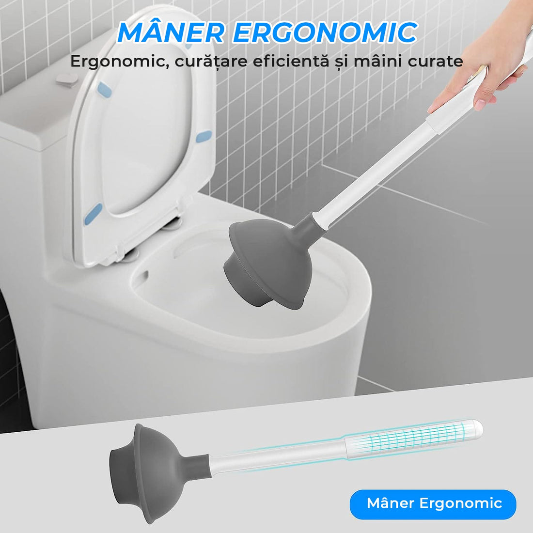 Set perie WC și pompă, suport discret, mâner ergonomic, alb