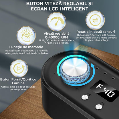 Freza Unghii Profesionala, Pila Electrica Pentru Manichiura-Pedichiura, 40.000 RPM, 7 Capete Pentru Pila, Ecran LCD, Design Ergonomic, Negru