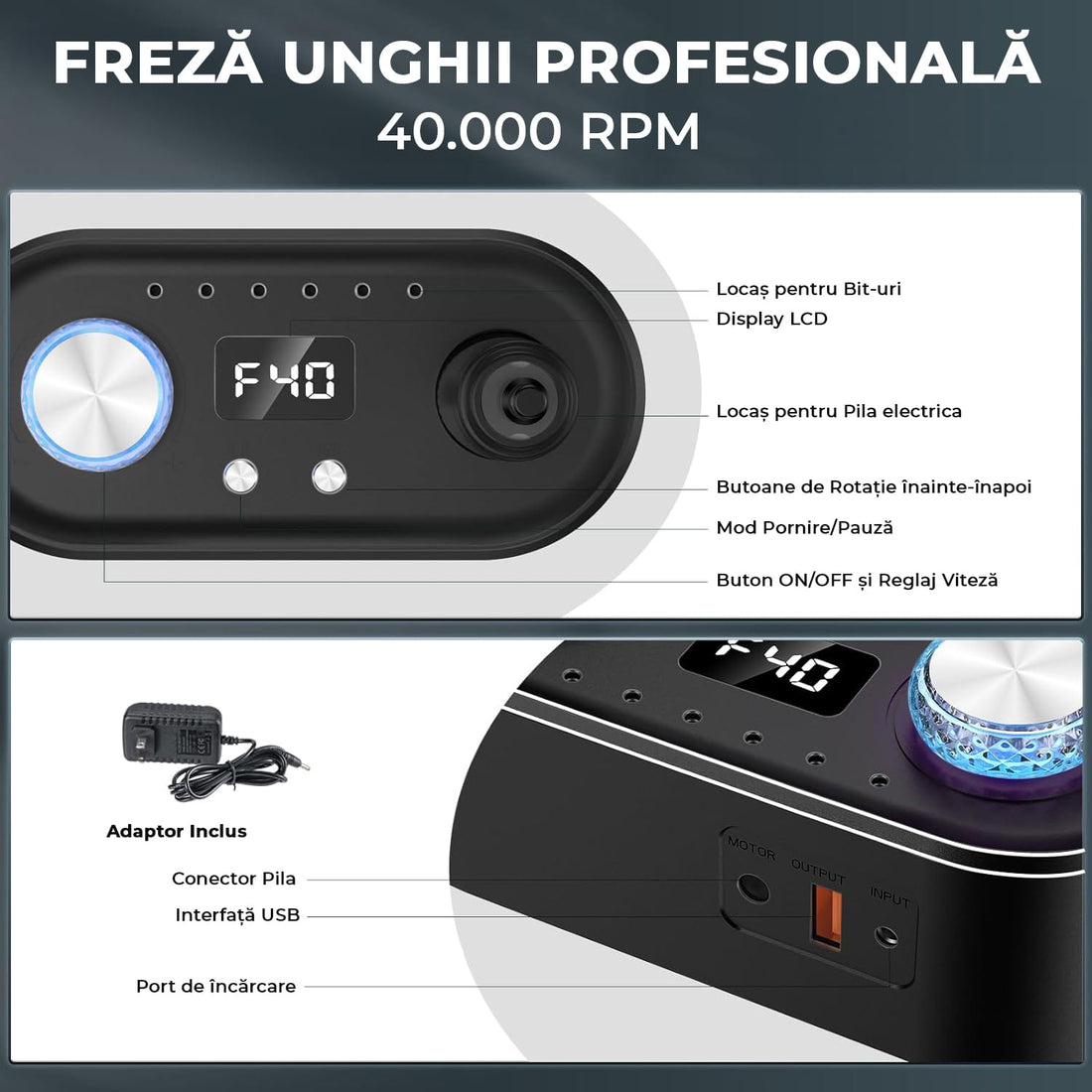 Freza Unghii Profesionala, Pila Electrica Pentru Manichiura-Pedichiura, 40.000 RPM, 7 Capete Pentru Pila, Ecran LCD, Design Ergonomic, Negru