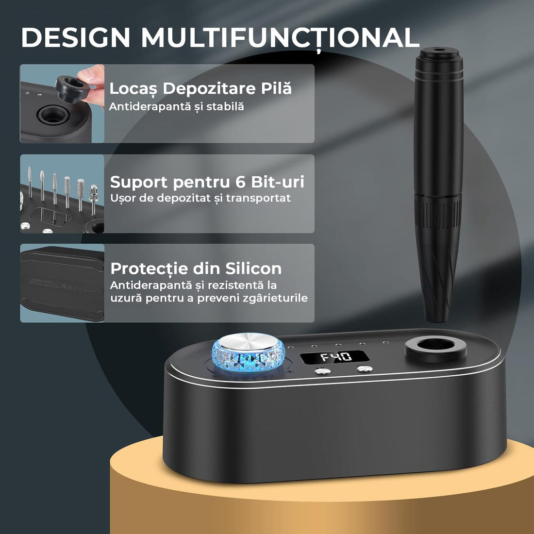 Freza Unghii Profesionala, Pila Electrica Pentru Manichiura-Pedichiura, 40.000 RPM, 7 Capete Pentru Pila, Ecran LCD, Design Ergonomic, Negru