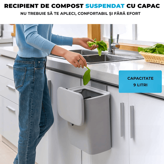 Coș de gunoi bucătărie 9L cu capac, montaj pe blat sau sub chiuvetă, gri