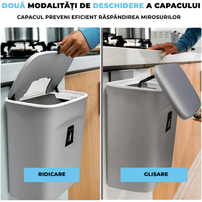 Coș de gunoi bucătărie 9L cu capac, montaj pe blat sau sub chiuvetă, gri