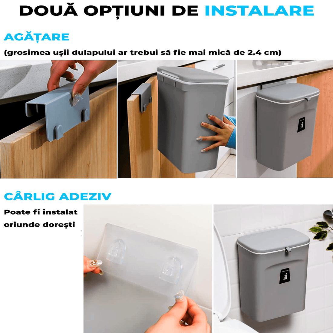 Coș de gunoi bucătărie 9L cu capac, montaj pe blat sau sub chiuvetă, gri