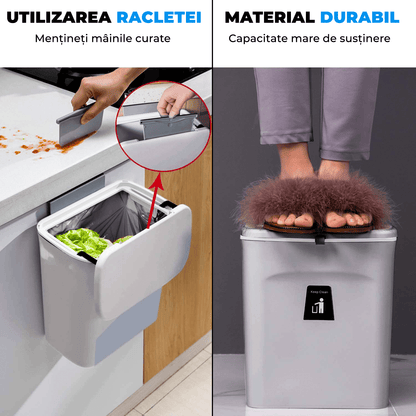 Coș de gunoi bucătărie 9L cu capac, montaj pe blat sau sub chiuvetă, gri