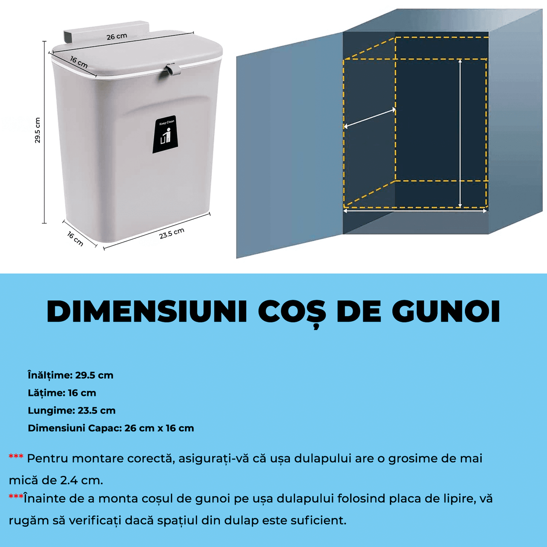 Coș de gunoi bucătărie 9L cu capac, montaj pe blat sau sub chiuvetă, gri