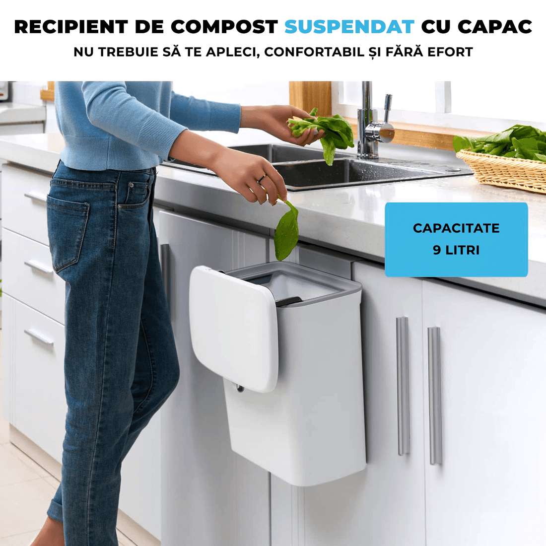 Coș de gunoi bucătărie 9L cu capac, montaj pe blat sau sub chiuvetă, alb