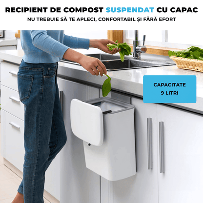 Coș de gunoi bucătărie 9L cu capac, montaj pe blat sau sub chiuvetă, alb