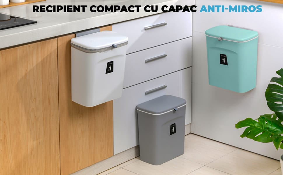 Coș de gunoi bucătărie 9L cu capac, montaj pe blat sau sub chiuvetă, alb